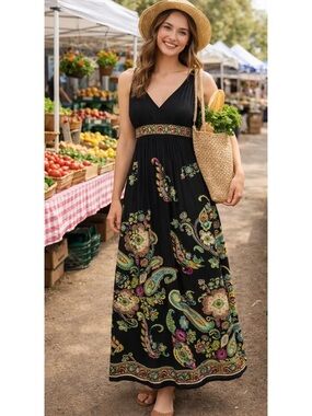 Sandra Darren Black Paisley-Print V-Neck Maxi Dress
